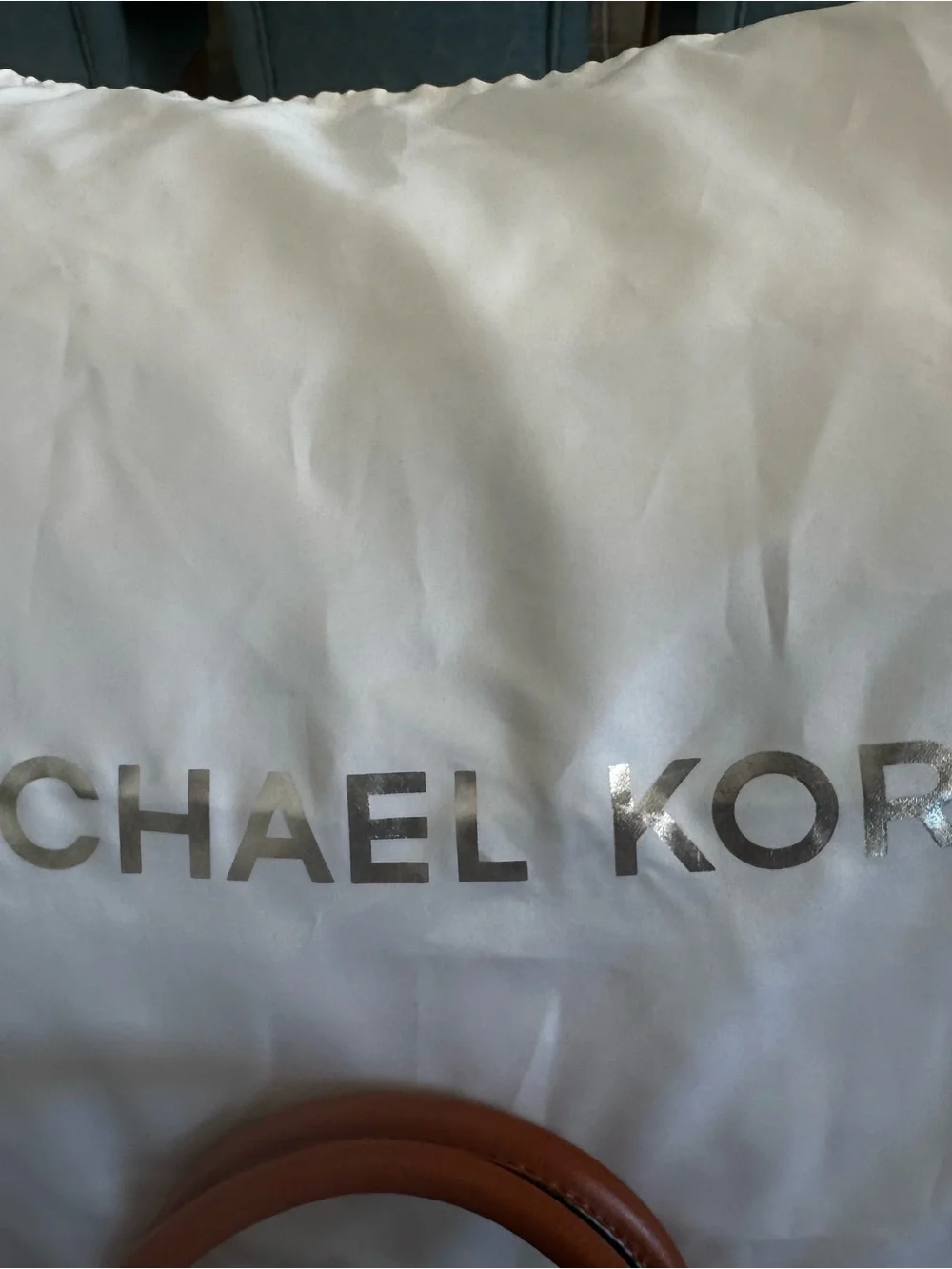 Michael Kors Cream Signature MK Satchel with Brown Leather Trim